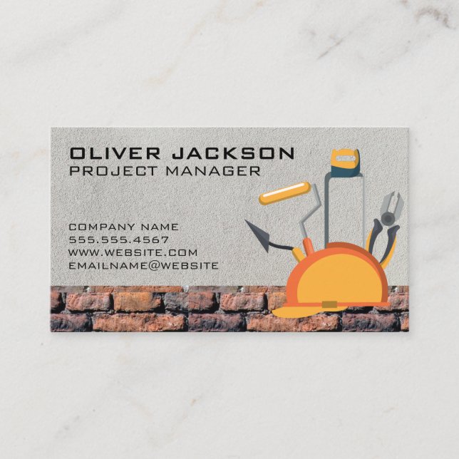 Brick Wall | Construction Tools and Hard Hat Business Card (Front)