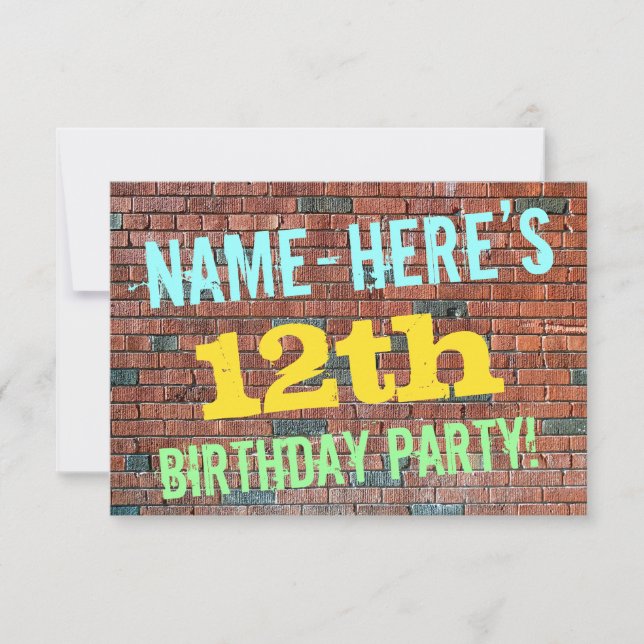 Brick Wall Graffiti Inspired 12th Birthday + Name Invitation (Front)