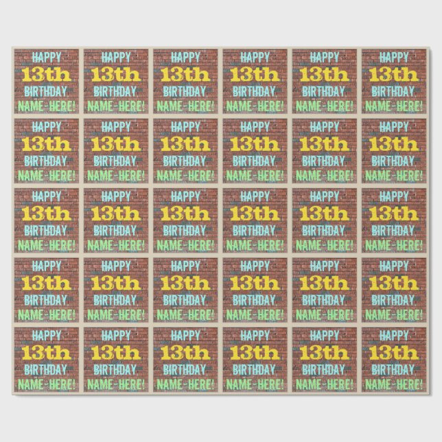 Brick Wall Graffiti Inspired 13th Birthday + Name Wrapping Paper (Flat)
