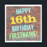 Brick Wall Graffiti Inspired 16th Birthday   Name Napkin<br><div class="desc">This fun birthday-themed paper napkin design features a message like "HAPPY 16th BIRTHDAY, FIRSTNAME!", where the name can be personalized. The background features a representation of a brick wall consisting of some reddish-brown coloured bricks. The customizable message text features colours like blue, yellow, and green, and it has an appearance...</div>