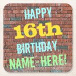 Brick Wall Graffiti Inspired 16th Birthday   Name Square Paper Coaster<br><div class="desc">This fun birthday-themed coaster design features a message like "HAPPY 16th BIRTHDAY, NAME-HERE!", where the name can be personalized. The background features a representation of a brick wall consisting of some reddish-brown coloured bricks. The customizable message text features colours like blue, yellow, and green, and it has an appearance inspired...</div>