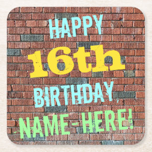 Brick Wall Graffiti Inspired 16th Birthday + Name Square Paper Coaster