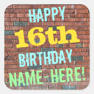 Brick Wall Graffiti Inspired 16th Birthday + Name Square Sticker