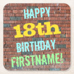 Brick Wall Graffiti Inspired 18th Birthday   Name Square Paper Coaster<br><div class="desc">This fun birthday-themed coaster design features a message like "HAPPY 18th BIRTHDAY, FIRSTNAME!", where the name can be personalized. The background features a representation of a brick wall consisting of some reddish-brown coloured bricks. The customizable message text features colours like blue, yellow, and green, and it has an appearance inspired...</div>