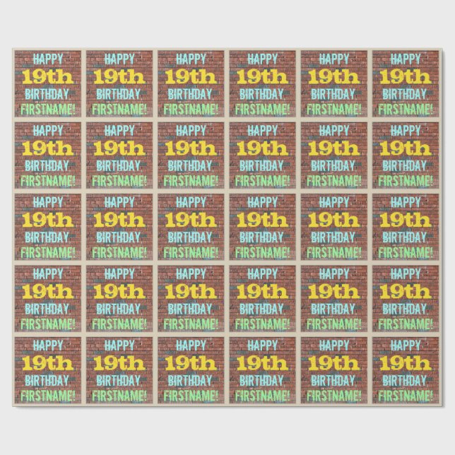 Brick Wall Graffiti Inspired 19th Birthday + Name Wrapping Paper (Flat)