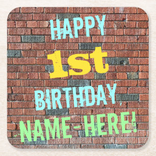 Brick Wall Graffiti Inspired 1st Birthday + Name Square Paper Coaster