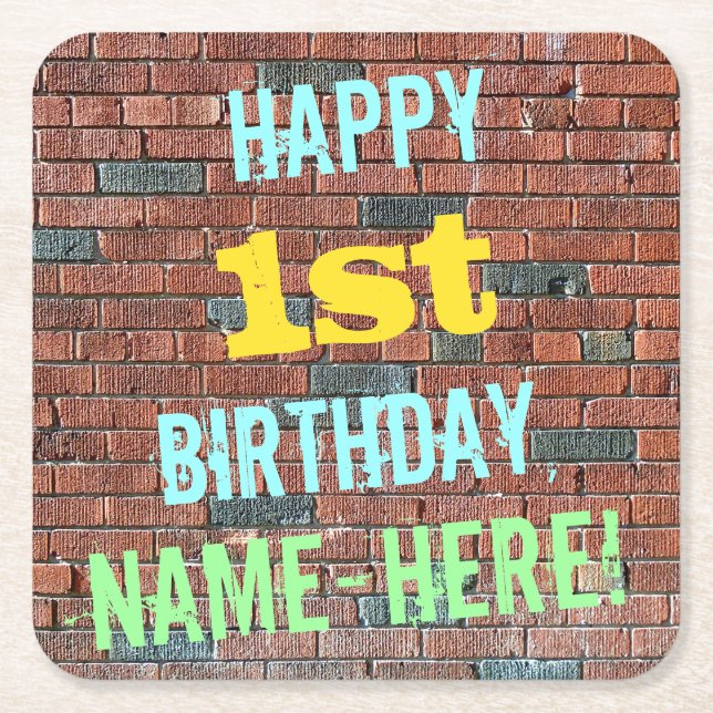 Brick Wall Graffiti Inspired 1st Birthday + Name Square Paper Coaster (Front)