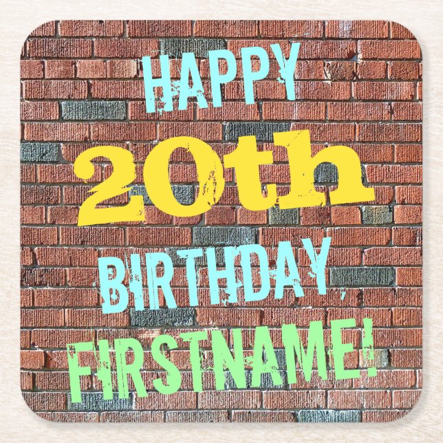 Brick Wall Graffiti Inspired 20th Birthday + Name Square Paper Coaster (Front)