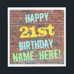 Brick Wall Graffiti Inspired 21st Birthday   Name Napkin<br><div class="desc">This fun birthday-themed paper napkin design features a message like "HAPPY 21st BIRTHDAY, NAME-HERE!", where the name can be personalized. The background features a representation of a brick wall consisting of some reddish-brown coloured bricks. The customizable message text features colours like blue, yellow, and green, and it has an appearance...</div>