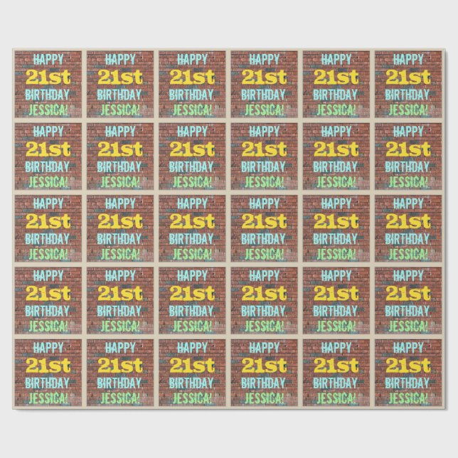 Brick Wall Graffiti Inspired 21st Birthday + Name Wrapping Paper (Flat)
