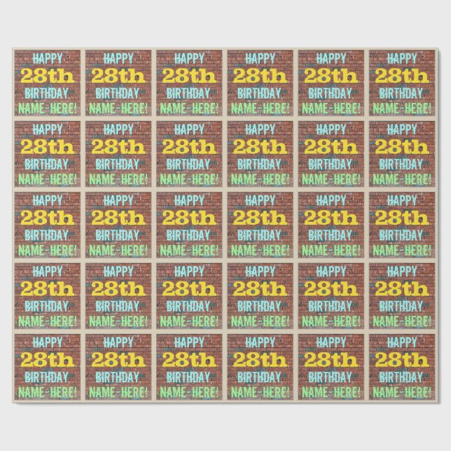 Brick Wall Graffiti Inspired 28th Birthday + Name Wrapping Paper (Flat)