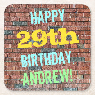 Brick Wall Graffiti Inspired 29th Birthday + Name Square Paper Coaster