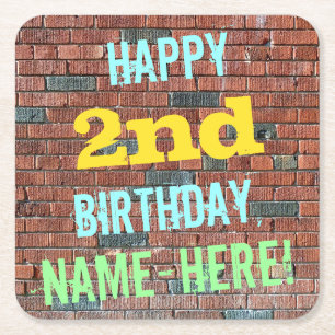Brick Wall Graffiti Inspired 2nd Birthday + Name Square Paper Coaster