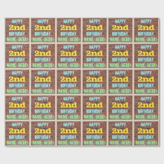 Brick Wall Graffiti Inspired 2nd Birthday + Name Wrapping Paper (Flat)