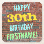Brick Wall Graffiti Inspired 30th Birthday   Name Square Paper Coaster<br><div class="desc">This fun birthday-themed coaster design features a message like "HAPPY 30th BIRTHDAY, FIRSTNAME!", where the name can be personalized. The background features a representation of a brick wall consisting of some reddish-brown coloured bricks. The customizable message text features colours like blue, yellow, and green, and it has an appearance inspired...</div>