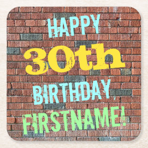 Brick Wall Graffiti Inspired 30th Birthday + Name Square Paper Coaster