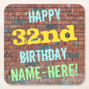 Brick Wall Graffiti Inspired 32nd Birthday + Name Square Paper Coaster