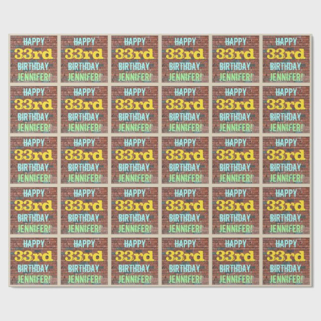 Brick Wall Graffiti Inspired 33rd Birthday + Name Wrapping Paper (Flat)