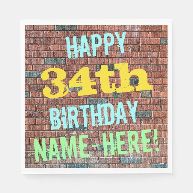 Brick Wall Graffiti Inspired 34th Birthday + Name Napkin (Front)