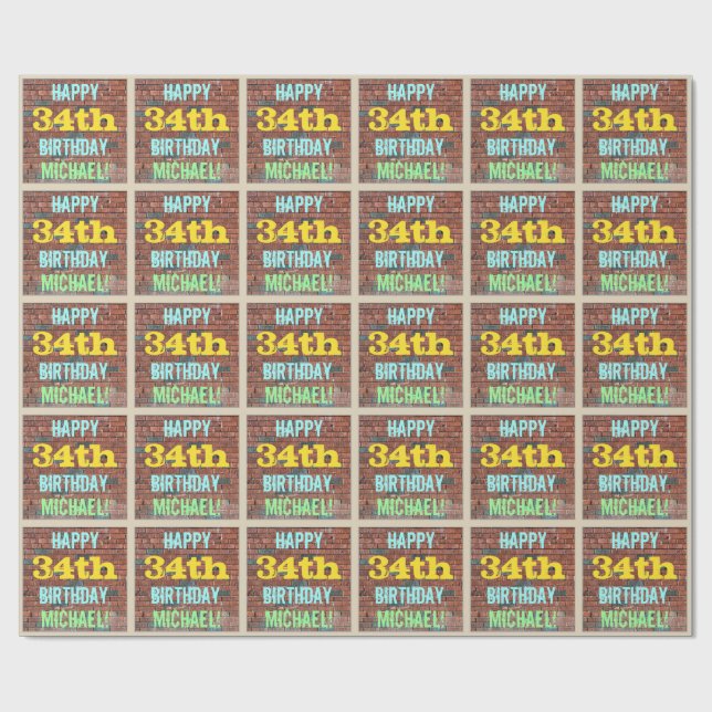 Brick Wall Graffiti Inspired 34th Birthday + Name Wrapping Paper (Flat)