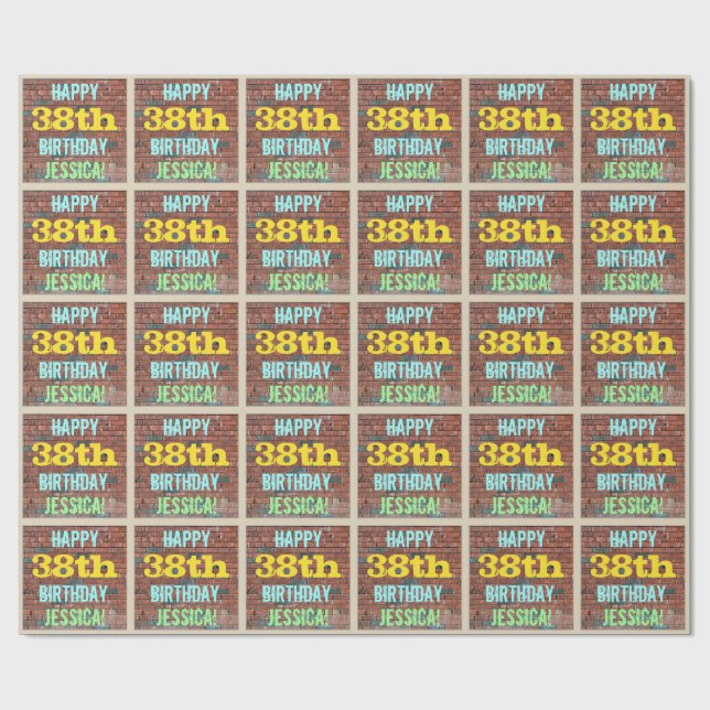 Brick Wall Graffiti Inspired 38th Birthday + Name Wrapping Paper (Flat)