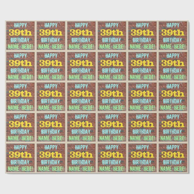Brick Wall Graffiti Inspired 39th Birthday + Name Wrapping Paper (Flat)