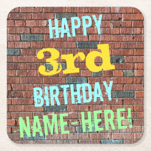 Brick Wall Graffiti Inspired 3rd Birthday + Name Square Paper Coaster