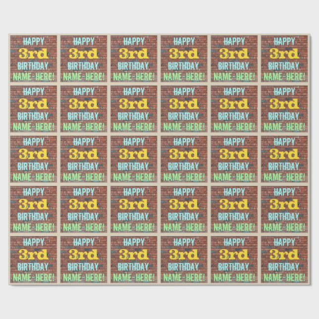 Brick Wall Graffiti Inspired 3rd Birthday + Name Wrapping Paper (Flat)