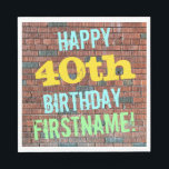 Brick Wall Graffiti Inspired 40th Birthday   Name Napkin<br><div class="desc">This fun birthday-themed paper napkin design features a message like "HAPPY 40th BIRTHDAY, FIRSTNAME!", where the name can be personalized. The background features a representation of a brick wall consisting of some reddish-brown coloured bricks. The customizable message text features colours like blue, yellow, and green, and it has an appearance...</div>