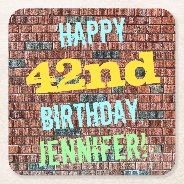 Brick Wall Graffiti Inspired 42nd Birthday + Name Square Paper Coaster (Front)
