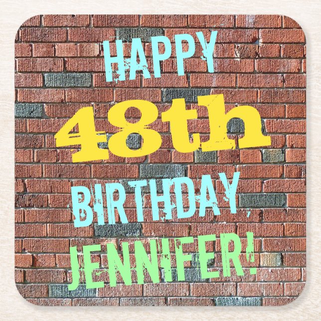 Brick Wall Graffiti Inspired 48th Birthday + Name Square Paper Coaster (Front)