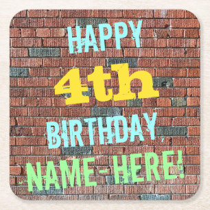 Brick Wall Graffiti Inspired 4th Birthday + Name Square Paper Coaster