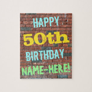 Brick Wall Graffiti Inspired 50th Birthday + Name Jigsaw Puzzle
