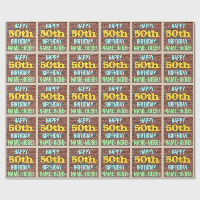 Brick Wall Graffiti Inspired 50th Birthday + Name Wrapping Paper (Flat)