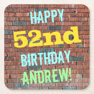 Brick Wall Graffiti Inspired 52nd Birthday + Name Square Paper Coaster