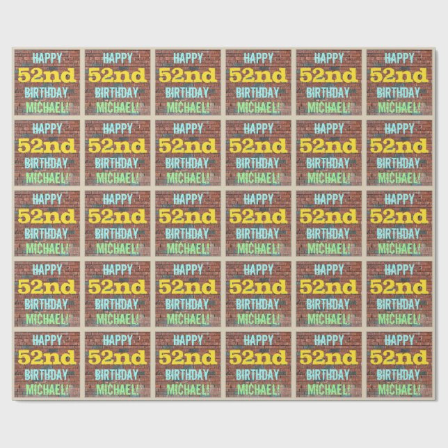 Brick Wall Graffiti Inspired 52nd Birthday + Name Wrapping Paper (Flat)