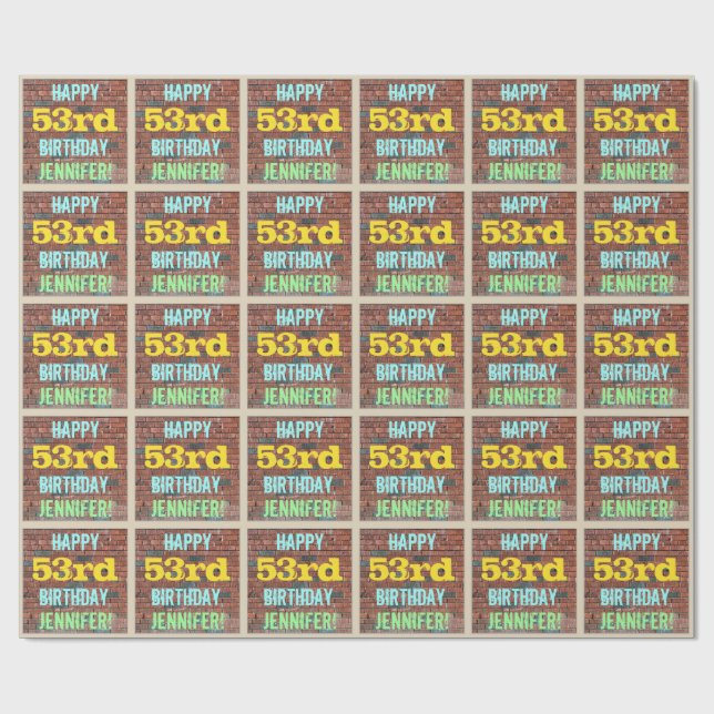 Brick Wall Graffiti Inspired 53rd Birthday + Name Wrapping Paper (Flat)
