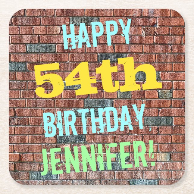 Brick Wall Graffiti Inspired 54th Birthday + Name Square Paper Coaster (Front)