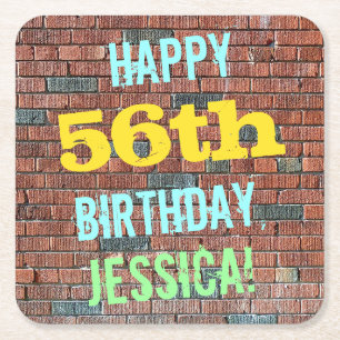 Brick Wall Graffiti Inspired 56th Birthday + Name Square Paper Coaster