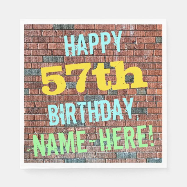 Brick Wall Graffiti Inspired 57th Birthday + Name Napkin (Front)