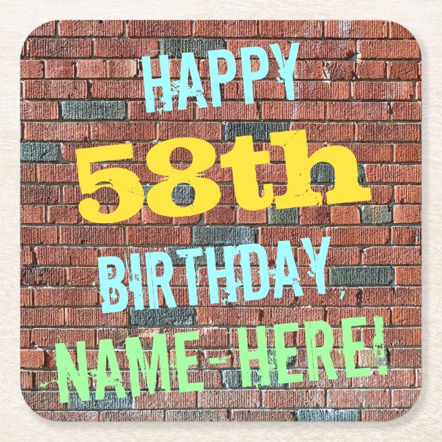 Brick Wall Graffiti Inspired 58th Birthday + Name Square Paper Coaster (Front)