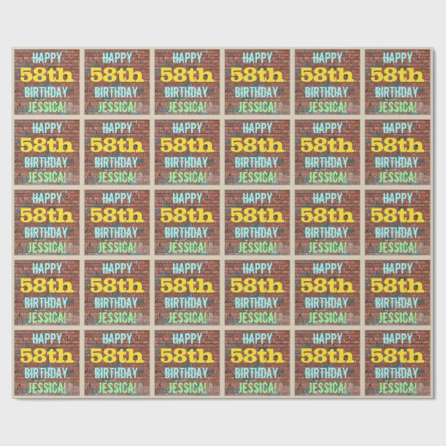 Brick Wall Graffiti Inspired 58th Birthday + Name Wrapping Paper (Flat)