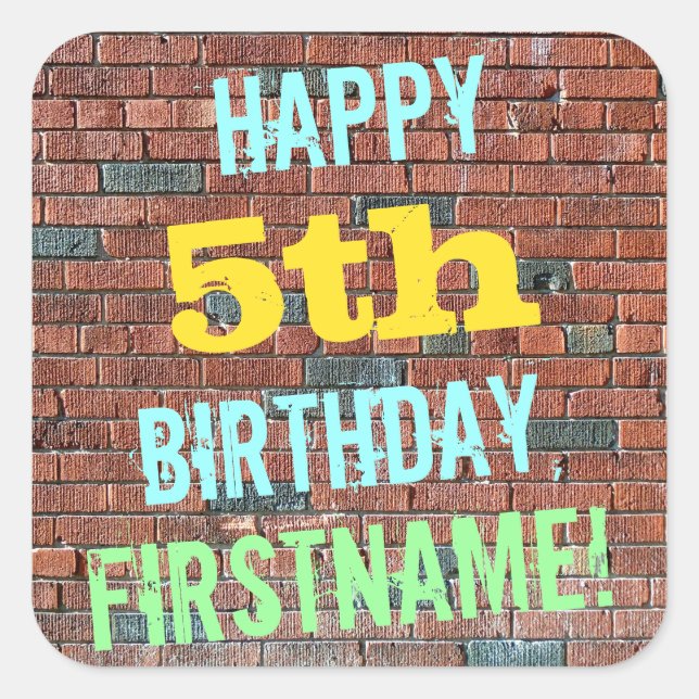 Brick Wall Graffiti Inspired 5th Birthday + Name Square Sticker (Front)