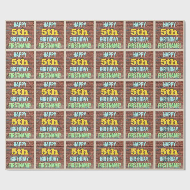 Brick Wall Graffiti Inspired 5th Birthday + Name Wrapping Paper (Flat)