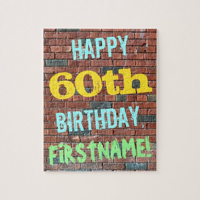 Brick Wall Graffiti Inspired 60th Birthday + Name Jigsaw Puzzle (Vertical)