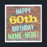 Brick Wall Graffiti Inspired 60th Birthday   Name Napkin<br><div class="desc">This fun birthday-themed paper napkin design features a message like "HAPPY 60th BIRTHDAY, NAME-HERE!", where the name can be personalized. The background features a representation of a brick wall consisting of some reddish-brown coloured bricks. The customizable message text features colours like blue, yellow, and green, and it has an appearance...</div>