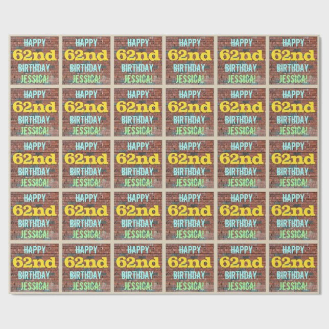 Brick Wall Graffiti Inspired 62nd Birthday + Name Wrapping Paper (Flat)