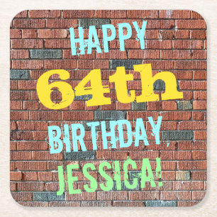 Brick Wall Graffiti Inspired 64th Birthday + Name Square Paper Coaster