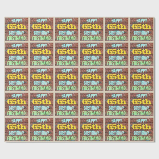 Brick Wall Graffiti Inspired 65th Birthday + Name Wrapping Paper (Flat)