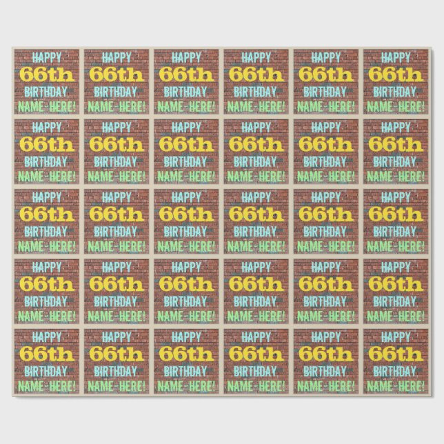 Brick Wall Graffiti Inspired 66th Birthday + Name Wrapping Paper (Flat)